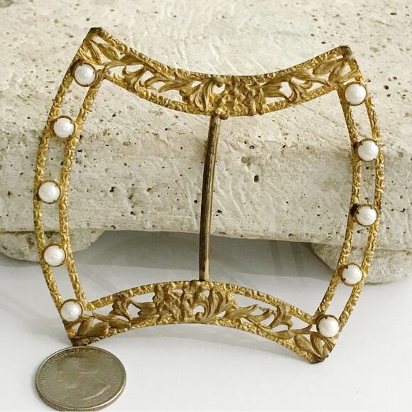 Vintage Ornate Filigree Pearl Gold Gilt Victorian Sash Belt Buckle Large Estate - Picture 3 of 14